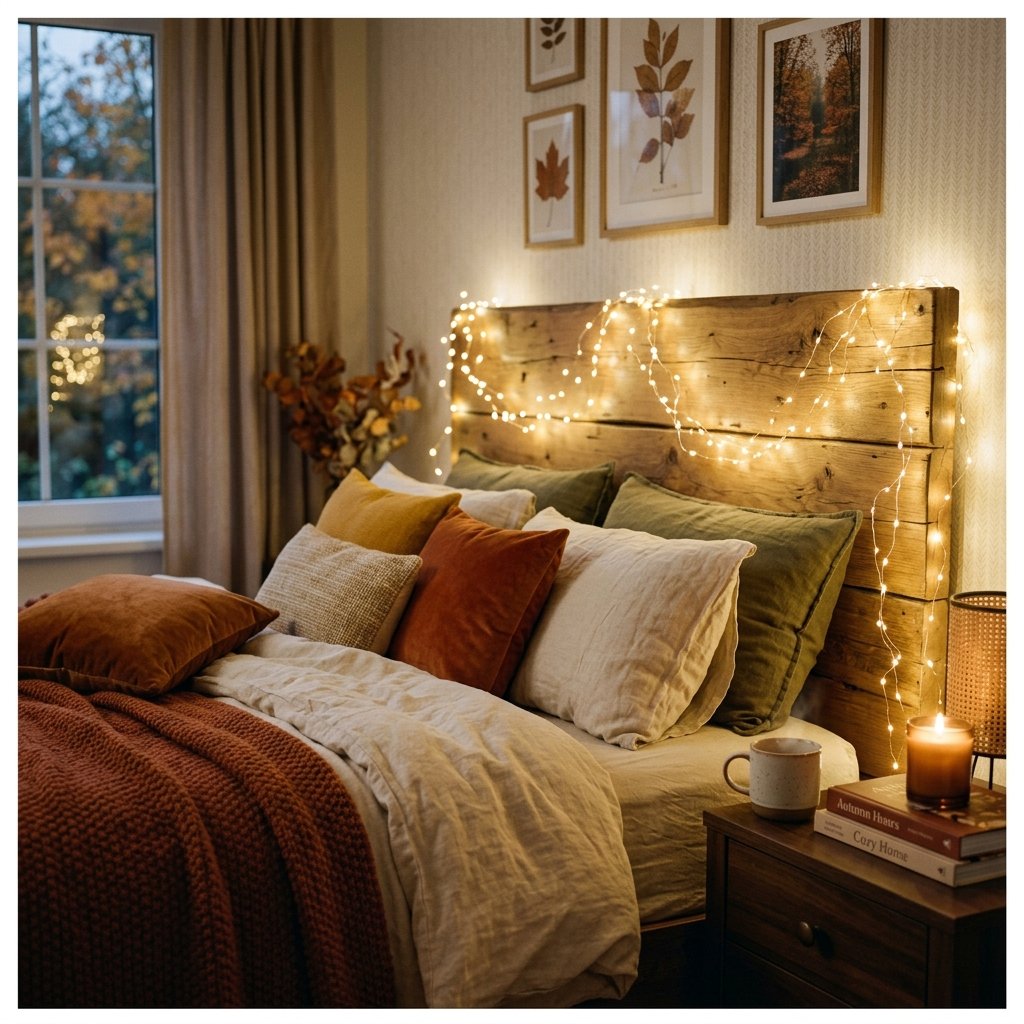 30 Cozy Fall Bedroom Ideas You'll Be Obsessed With This Autumn 11 Soft String Lighting Idea