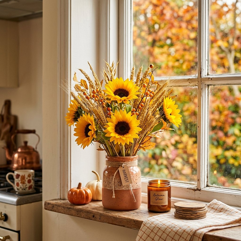 30 Fall Kitchen Window Decor Ideas That Feel Cozy & Bright 31 Autumn Sunflower Fall Kitchen Window Decor Ideas