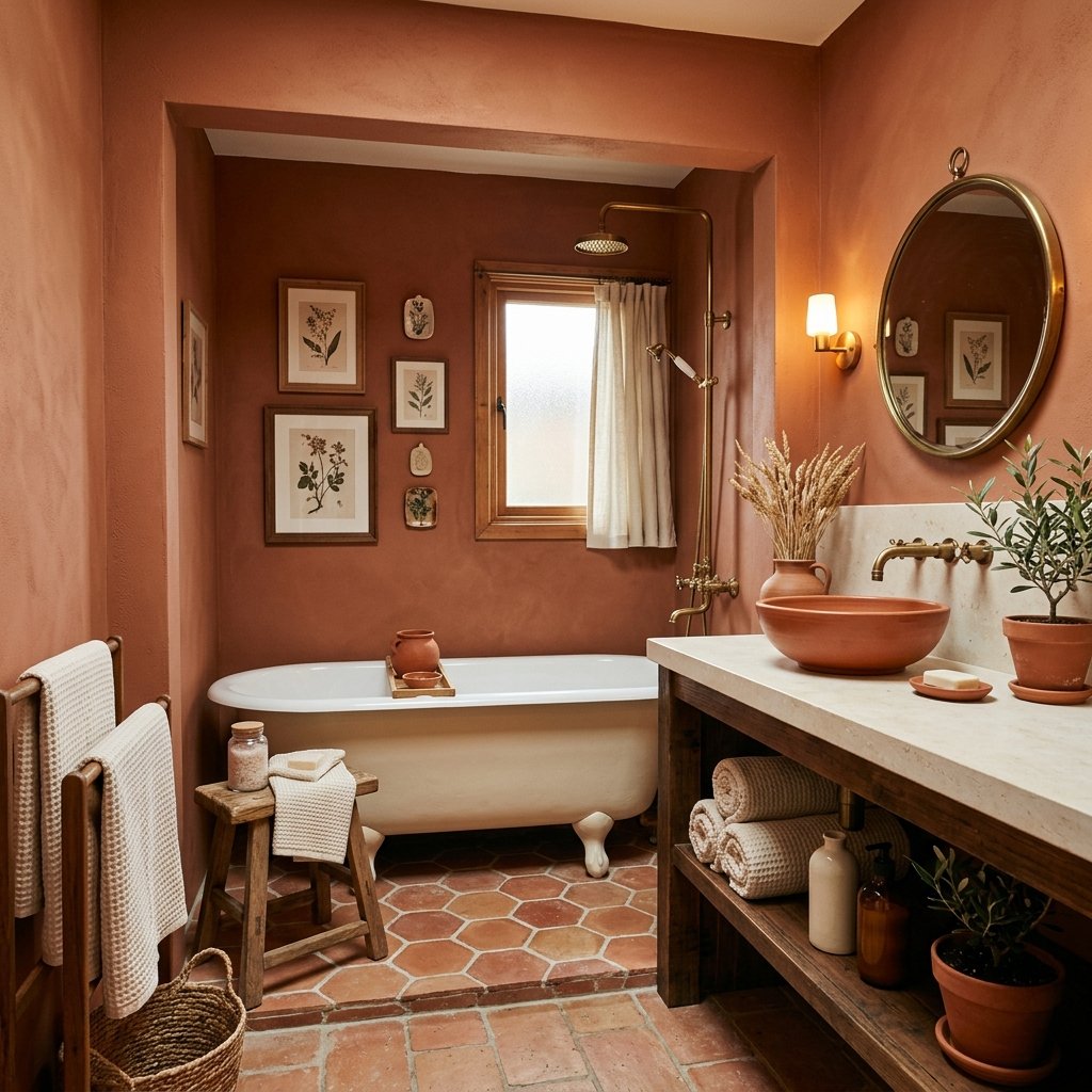 30 Fall Themed Bathroom Ideas: A Complete Guide to Cozy Autumn Style 5 Warm Terracotta Bathroom Palette