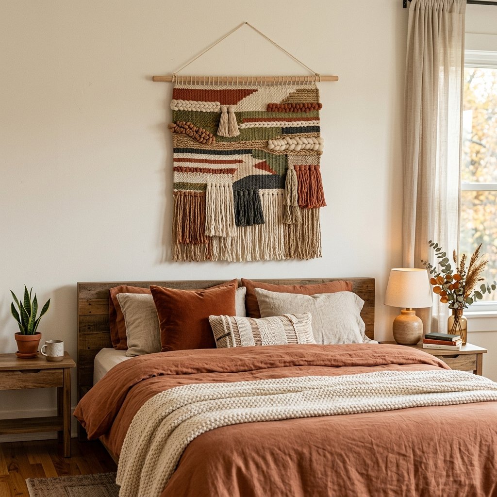 30 Cozy Fall Bedroom Ideas You'll Be Obsessed With This Autumn 25 Textured Wall Art Idea