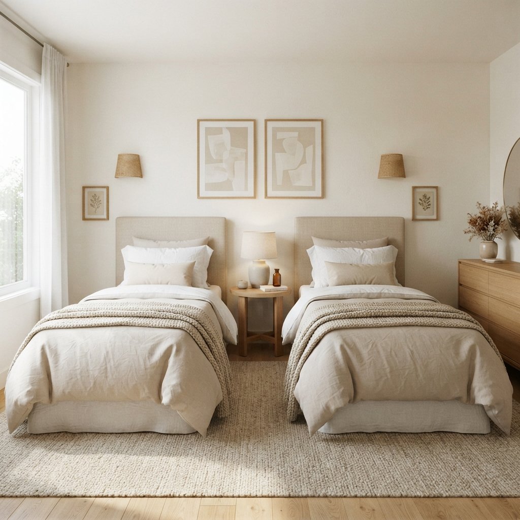 30 Twin Bedroom Ideas That Bring Fresh Style to Any Shared Space 22 Twin Bedroom Neutral Palette Ideas