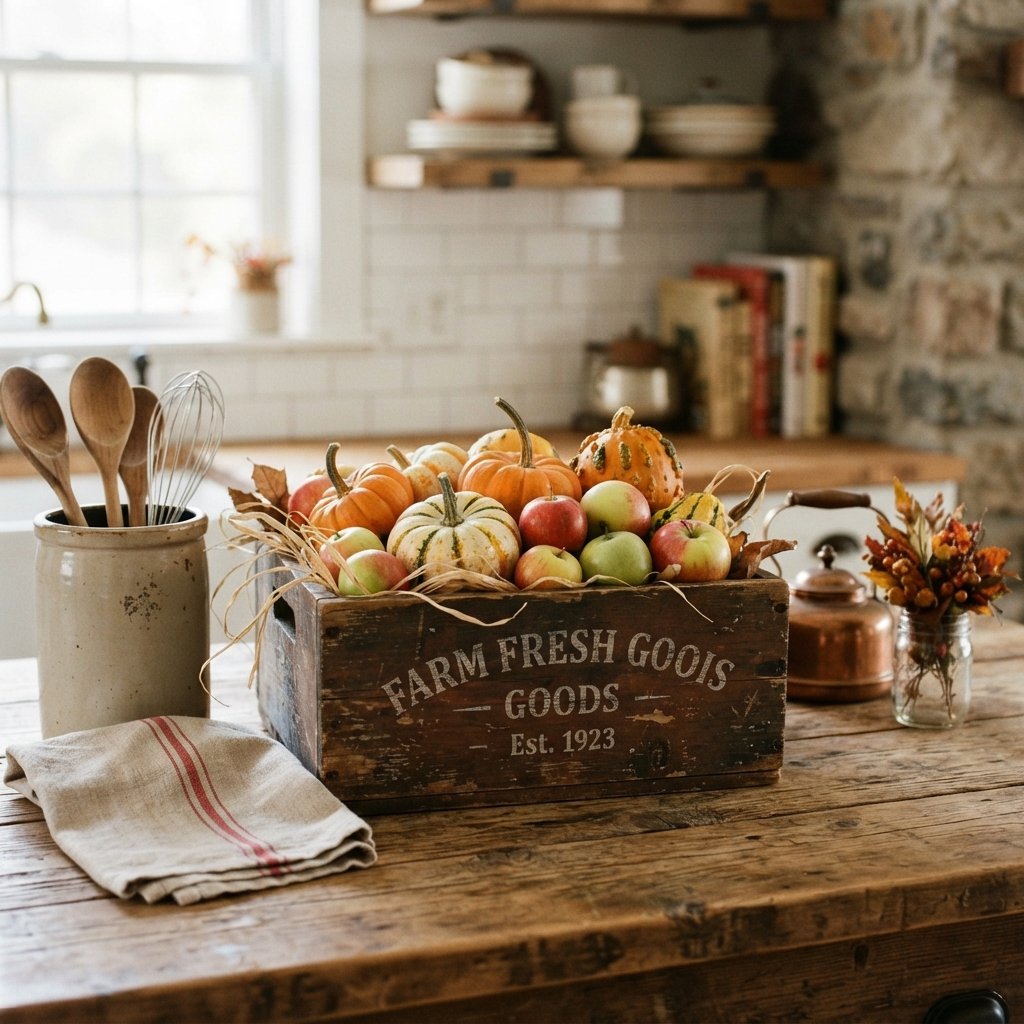 30 Fall Kitchen Countertop Decor Ideas: Cozy Inspiration for Every Style 19 Vintage Crate Fall Kitchen Countertop Decor