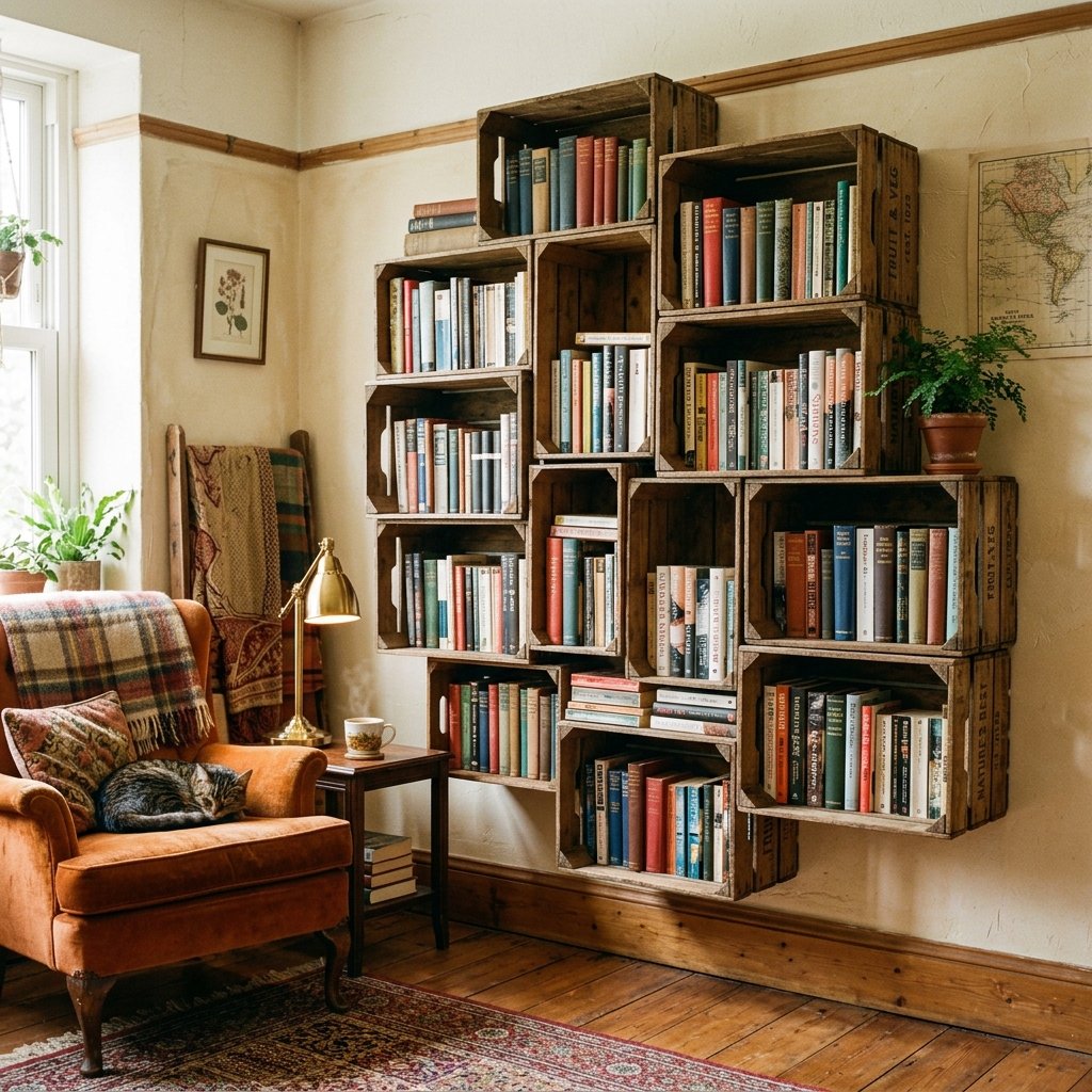 30 Bookshelf Ideas to Transform Any Room 18 Vintage Crate Bookshelf Ideas