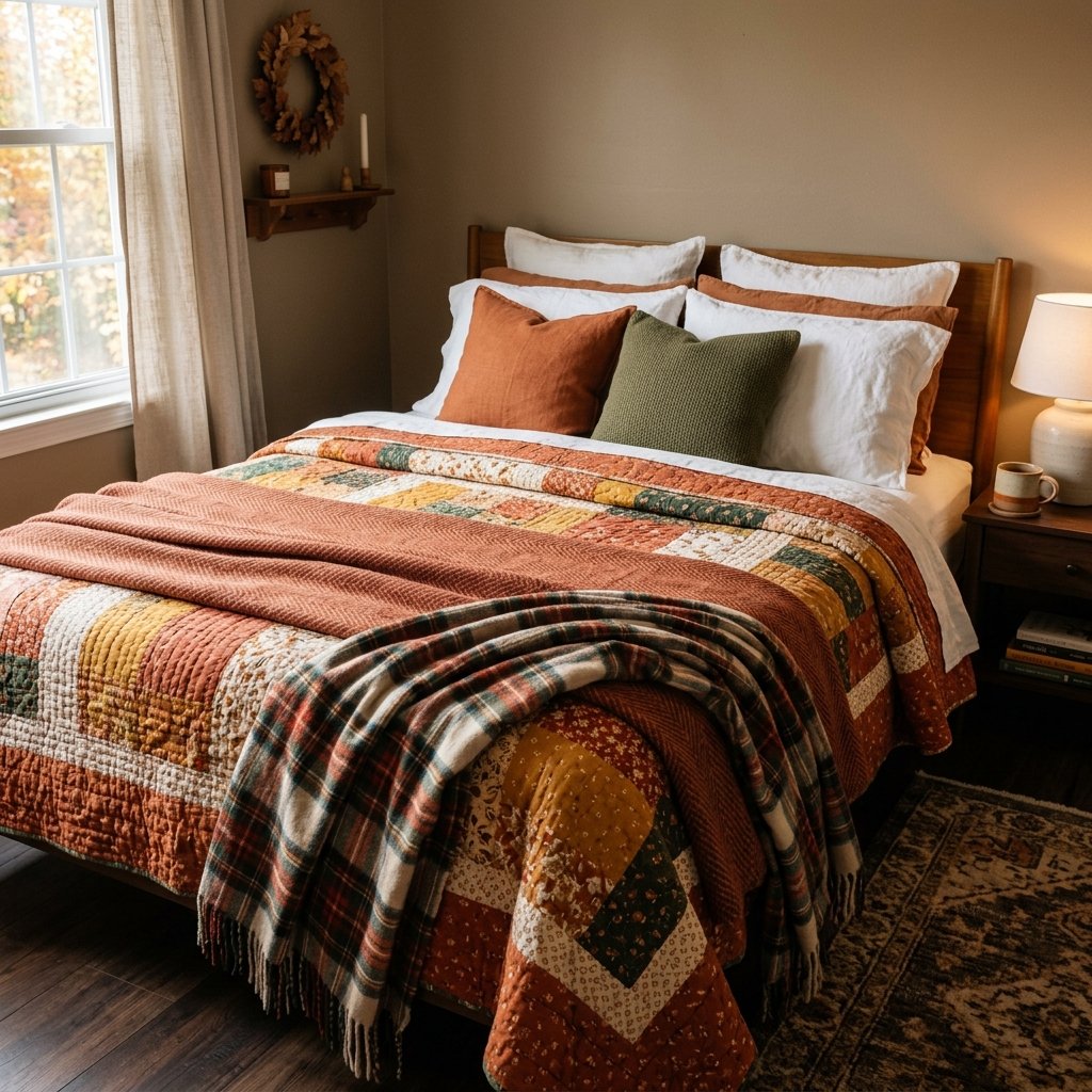 30 Aesthetic Fall Bedroom Ideas for a Cozy Autumn Vibe 2 Warm Layered Bedding Ideas