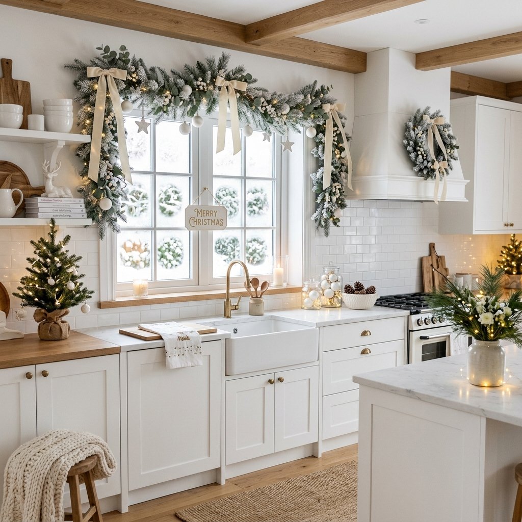 30 Christmas Kitchen Decor Ideas That Feel Warm and Magical 17 White Christmas Kitchen Decor Ideas