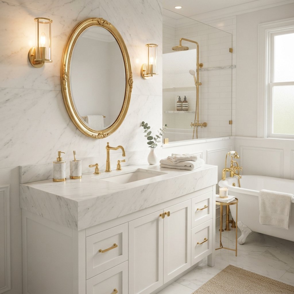 30 Stunning White Bathroom Ideas That Create a Bright & Luxurious Space 4 White and Gold Bathroom Ideas