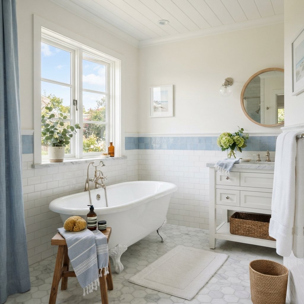 30 Stunning White Bathroom Ideas That Create a Bright & Luxurious Space 29 White and Blue Bathroom Ideas