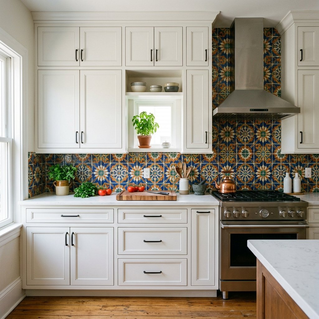 30 White Kitchen Cabinets Ideas to Brighten and Transform Your Space 17 White Kitchen Cabinets with Patterned Tile Backsplash Ideas