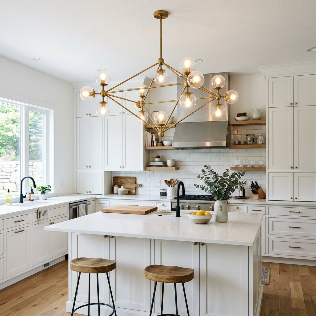 30 White Kitchen Cabinets Ideas to Brighten and Transform Your Space 22 White Kitchen Cabinet with Statement Lighting Ideas