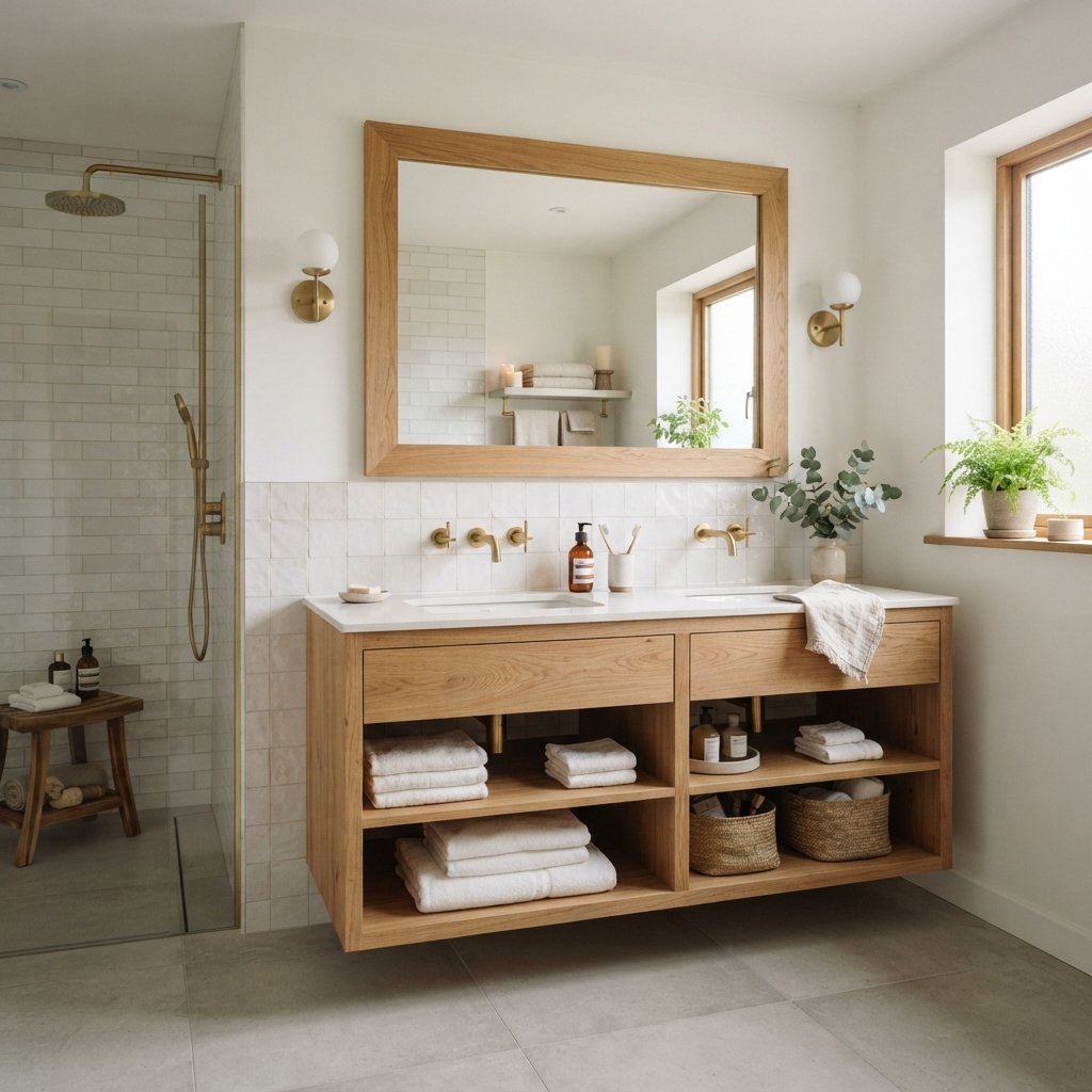 30 Stunning White Bathroom Ideas That Create a Bright & Luxurious Space 14 White and Wood Bathroom Ideas