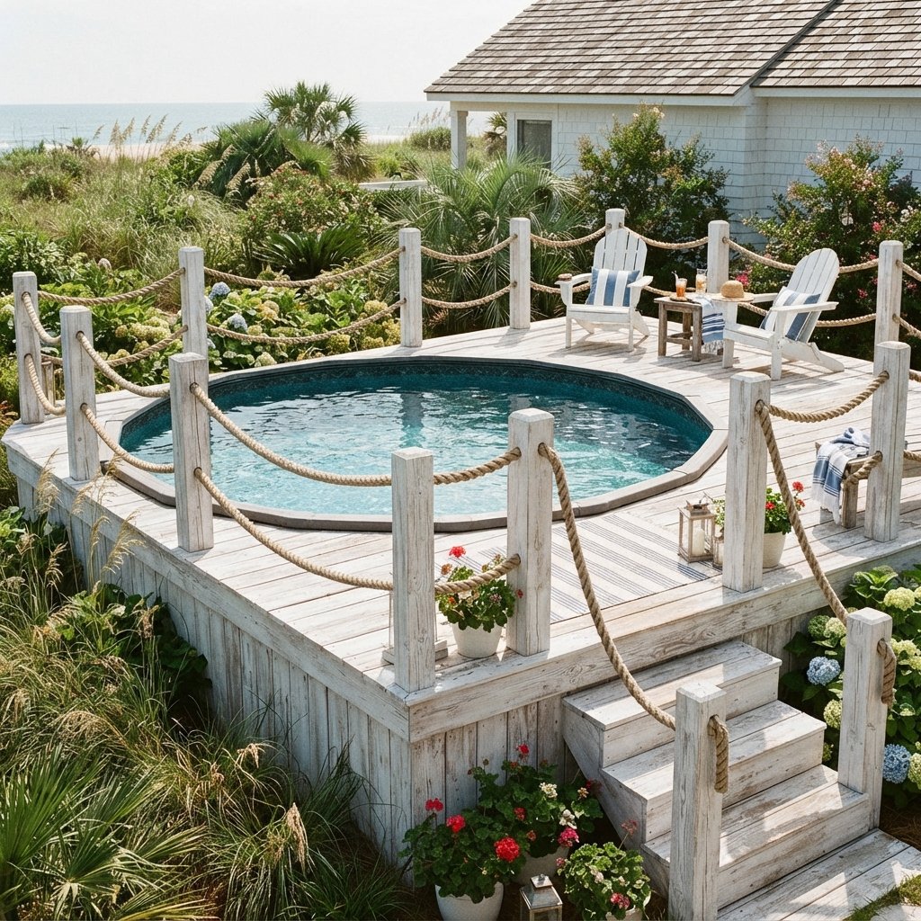 30 Above Ground Pool Deck Ideas to Transform Your Backyard 24 Coastal Style Above Ground Pool Deck Ideas