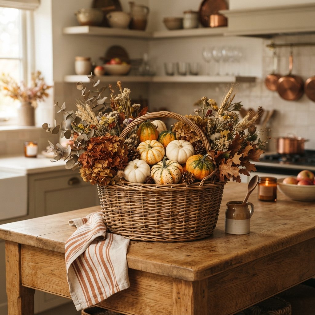 30 Fall Kitchen Island Decor Ideas: To Warm Up Your Home This Season 7 Wicker Basket Display Fall Kitchen Island Decor