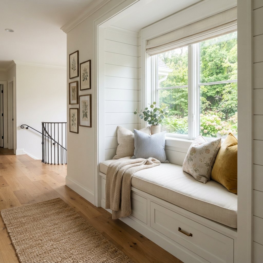 30 Beautiful Upstairs Hallway Ideas: To Transform Your Home Space 7 Window Seat Upstairs Hallway Ideas