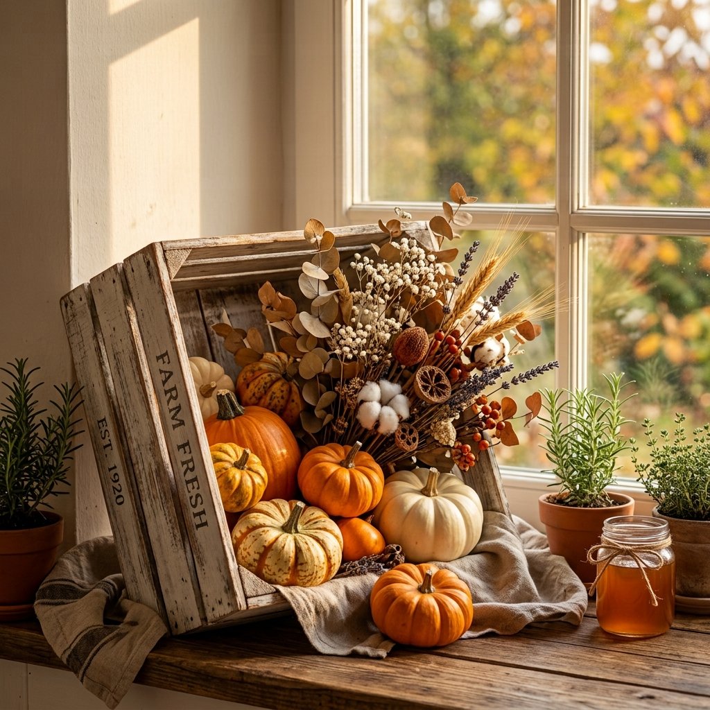 30 Fall Kitchen Window Decor Ideas That Feel Cozy & Bright 12 Rustic Wood Crate Fall Kitchen Window Decor
