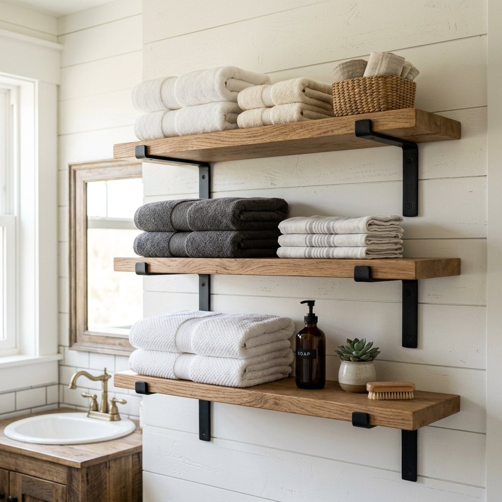 30 Stunning Farmhouse Bathroom Ideas to Create a Cozy Luxury Retreat 7 Open Shelving Ideas