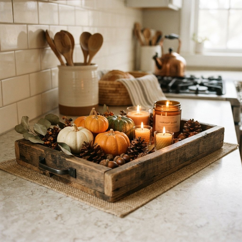 30 Fall Kitchen Countertop Decor Ideas: Cozy Inspiration for Every Style 6 Rustic Wood Tray Fall Kitchen Countertop Decor