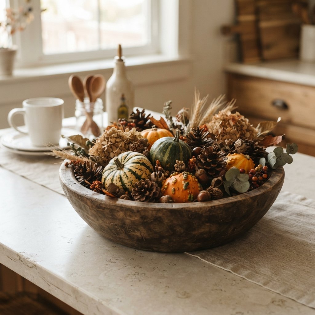 30 Fall Kitchen Countertop Decor Ideas: Cozy Inspiration for Every Style 24 Wooden Bowl Filler Fall Kitchen Countertop