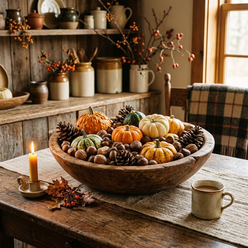 30 Fall Kitchen Table Decor Ideas: You'll Want to Copy 4 Wooden Bowl Harvest Display Fall Kitchen Table Decor