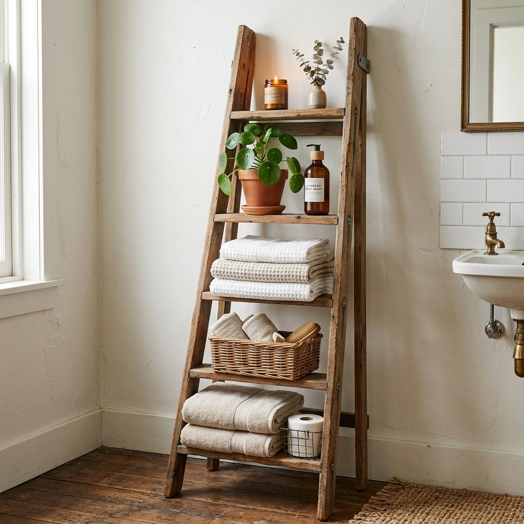 30 Fall Bathroom Aesthetic Ideas to Create a Dreamy Cozy Space 17 Wooden Ladder Shelf Ideas