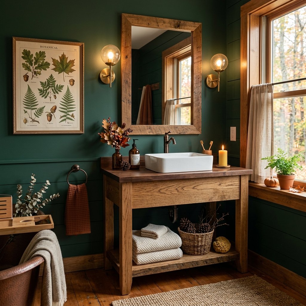 30 Fall Themed Bathroom Ideas: A Complete Guide to Cozy Autumn Style 12 Woodland Fall Themed Bathroom Theme