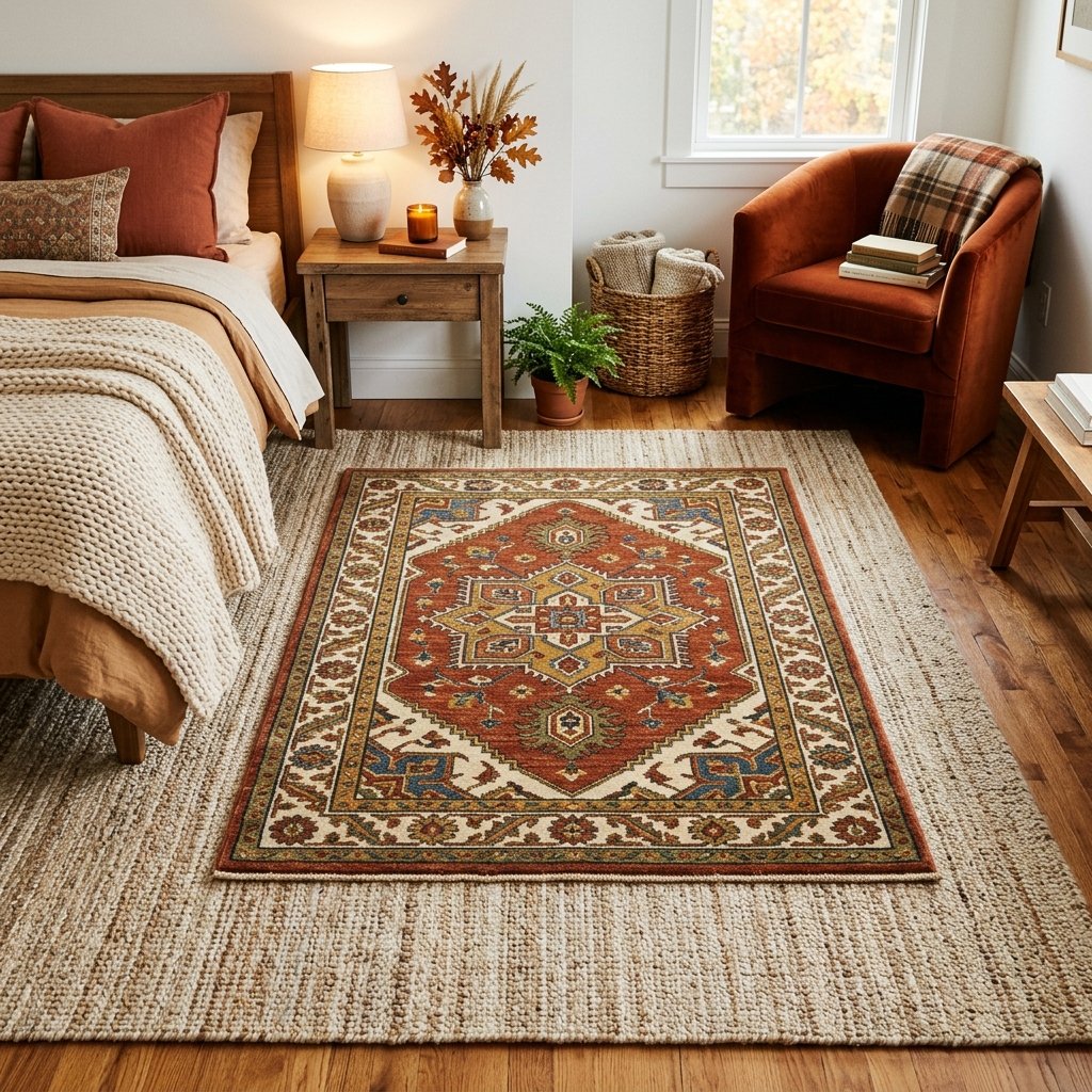 30 Aesthetic Fall Bedroom Ideas for a Cozy Autumn Vibe 14 Fall Bedroom Wool Rug Layering Ideas