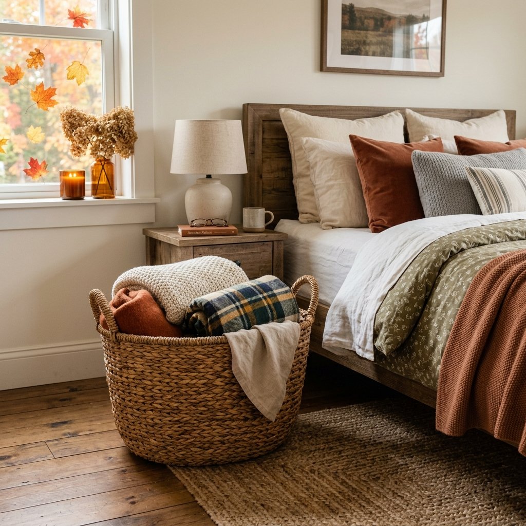 30 Cozy Fall Bedroom Ideas You'll Be Obsessed With This Autumn 24 Woven Basket Storage Idea