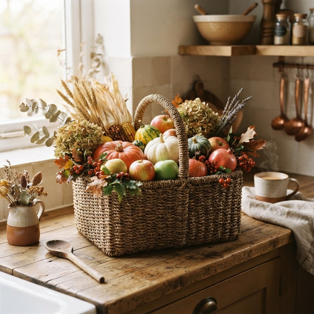 30 Fall Kitchen Countertop Decor Ideas: Cozy Inspiration for Every Style 3 Woven Basket Fall Kitchen