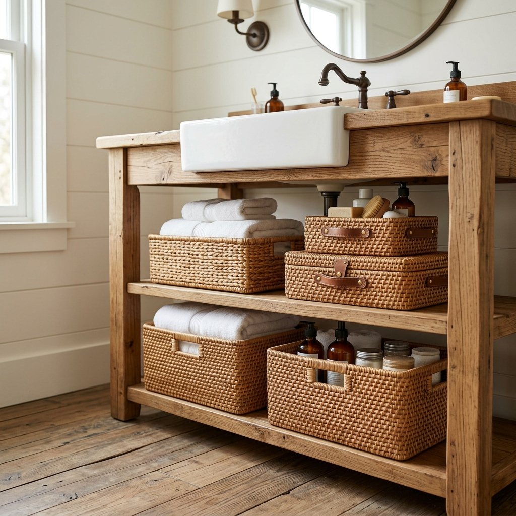 30 Stunning Farmhouse Bathroom Ideas to Create a Cozy Luxury Retreat 11 Woven Basket Storage Ideas