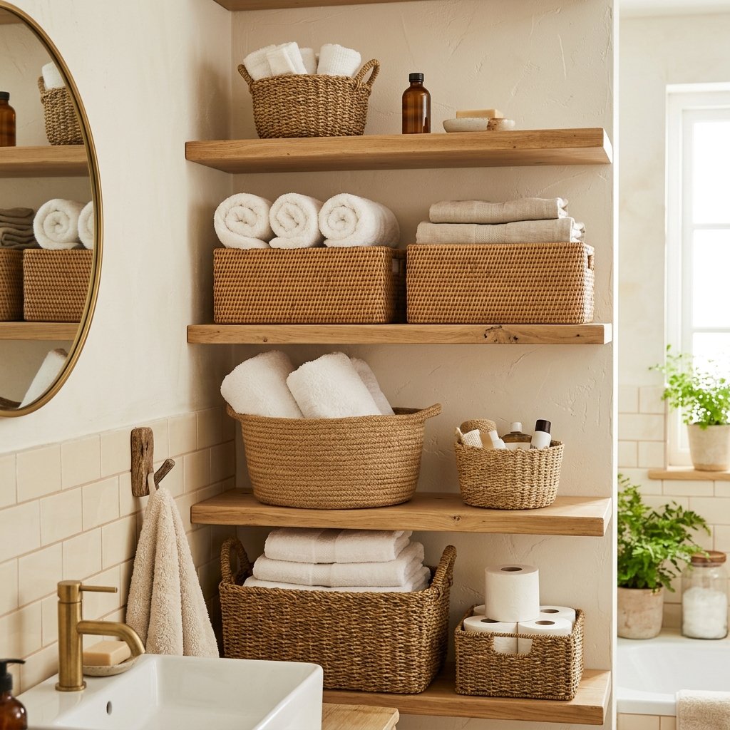 30 Fall Bathroom Aesthetic Ideas to Create a Dreamy Cozy Space 8 Woven Basket Storage Ideas