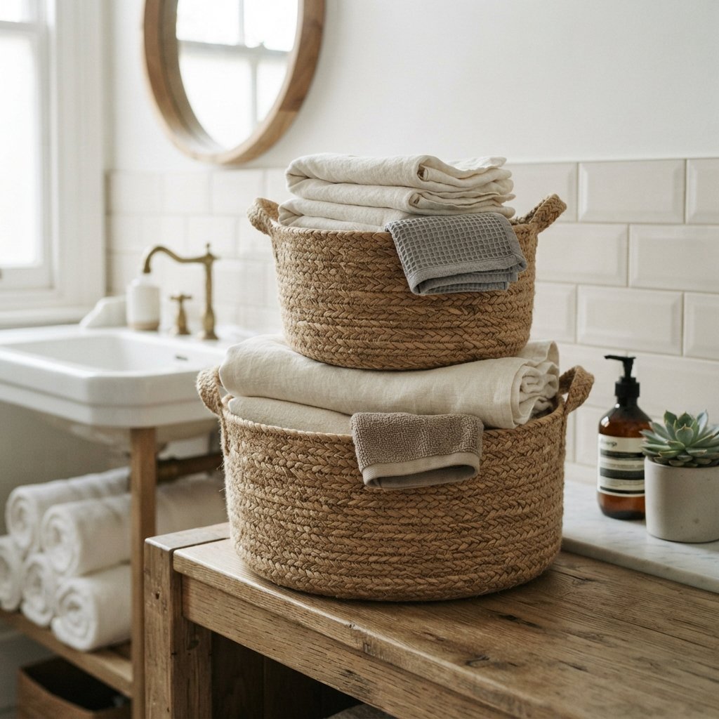 30 Luxury Spa Bathroom Ideas for the Ultimate Self Care Experience 15 Linen Storage Basket Ideas