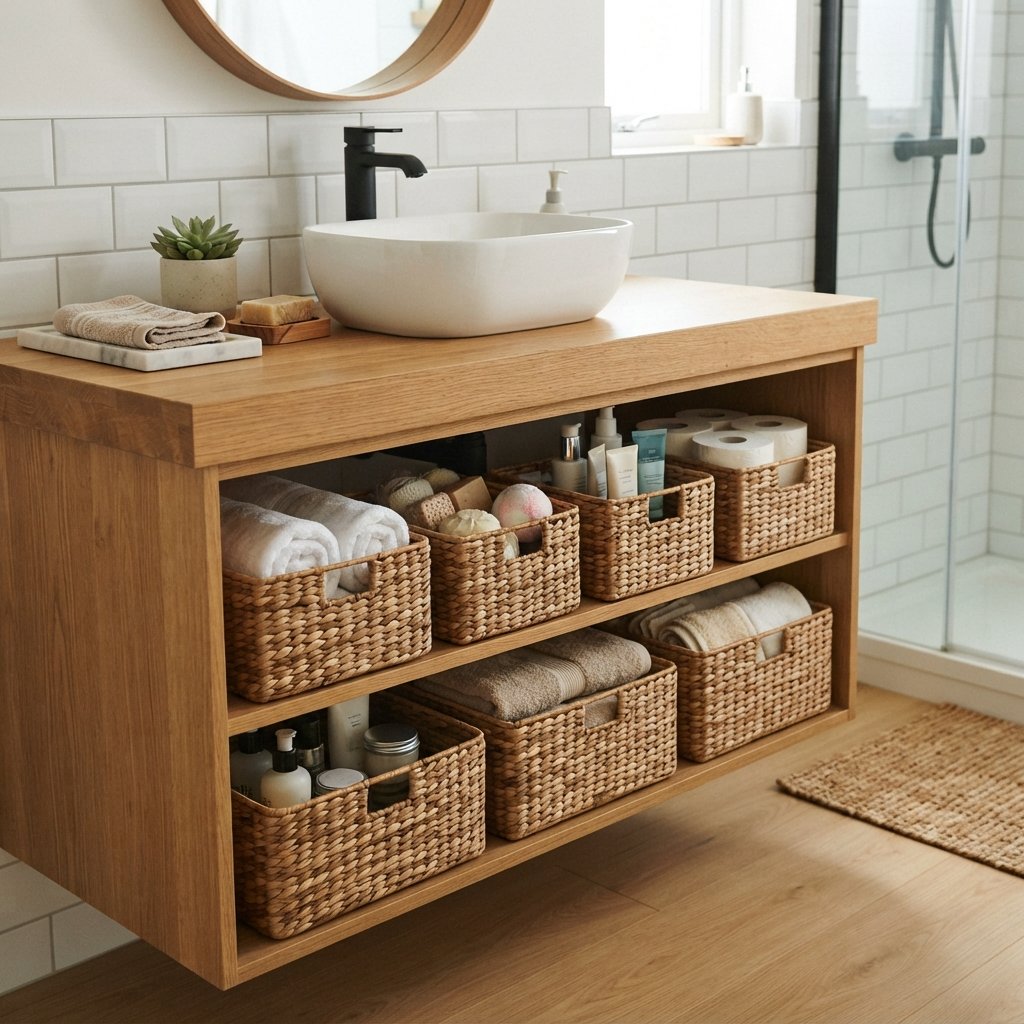 30 Cute Bathroom Ideas to Create a Cozy and Stylish Space 23 Woven Basket Storage Ideas
