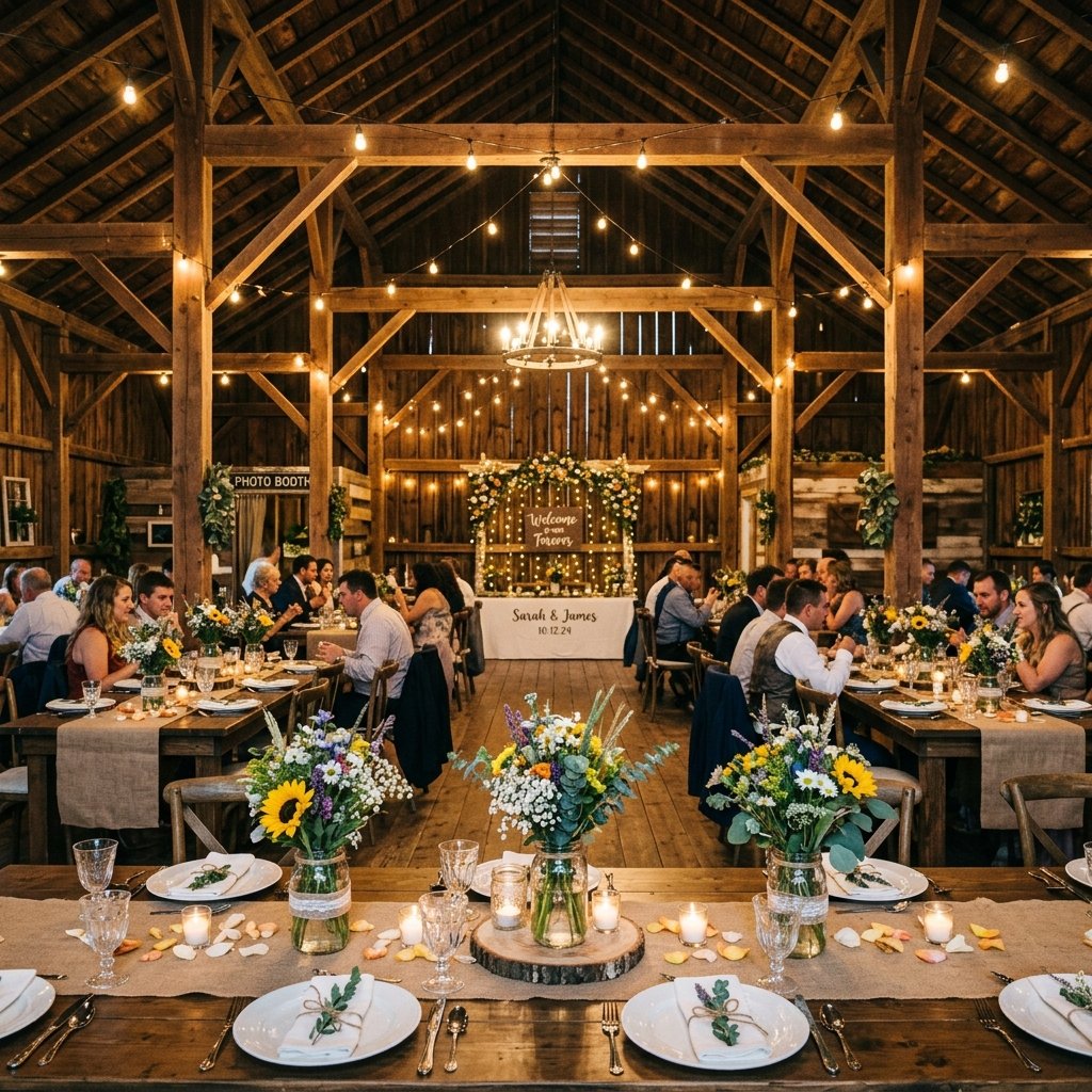 30 Gorgeous Wedding Decorations Ideas for Every Style & Season 4 Wooden barn wedding venue decorated 202608190954